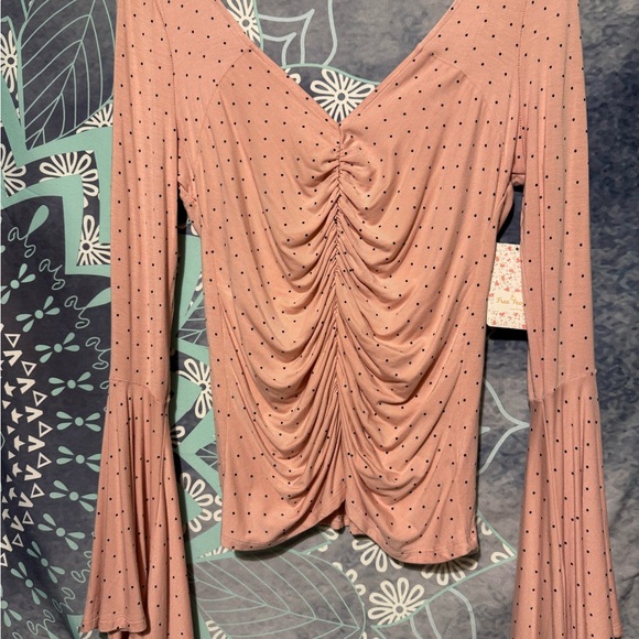 Free People Tops - Free People Pink Ruched Blouse with V-Neckline